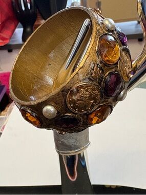 Decorative Gold -Tone Handcrafted Wood Gem & Coin Accent Cuff Bracelet- Bangle